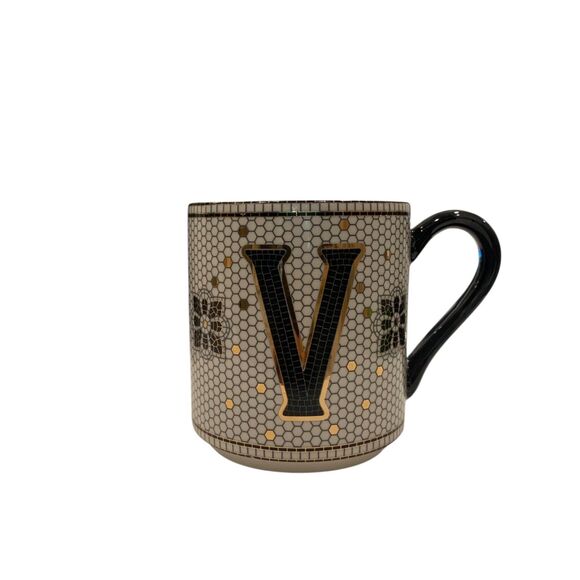 Anthropologie Margot Monogram Tile Bistro Mosaic Letter  V Coffee Tea Mug - Picture 1 of 6
